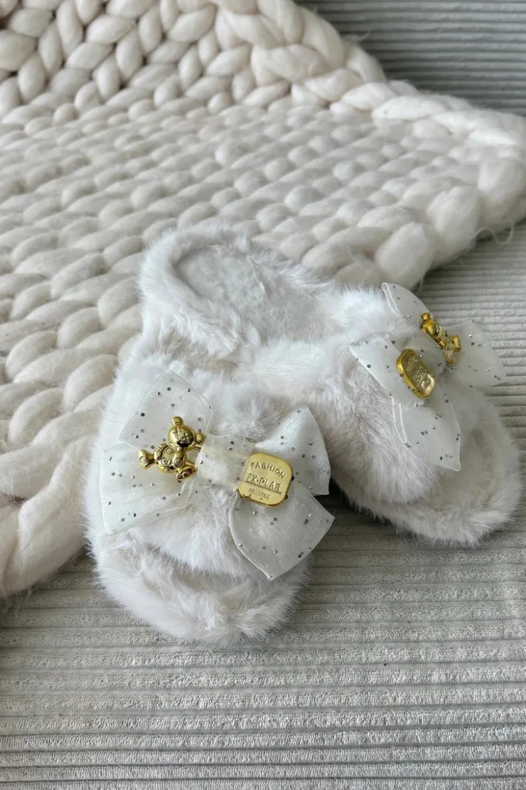 Boto Kapcie Klasyczne*Futrzane Kapcie Damskie Z Kokardą I Złotą Ozdobą Jasnobeżowe Nolara Beżowy