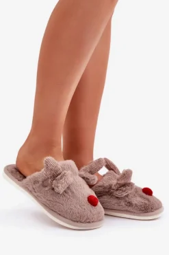 Damskie Boto Futrzane Kapcie Damskie Z Motywem Renifera Ciemnobeżowe Sennalith