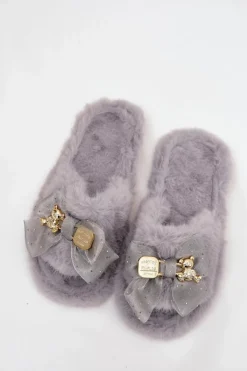 Boto Kapcie Klasyczne*Futrzane Kapcie Damskie Z Kokardą I Złotą Ozdobą Szare Nolara