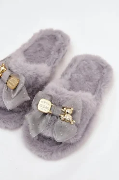 Boto Kapcie Klasyczne*Futrzane Kapcie Damskie Z Kokardą I Złotą Ozdobą Szare Nolara