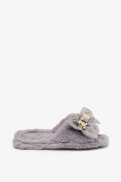 Boto Kapcie Klasyczne*Futrzane Kapcie Damskie Z Kokardą I Złotą Ozdobą Szare Nolara
