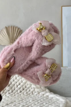 Hot Boto Futrzane Kapcie Damskie Z Kokardą I Złotą Ozdobą Różowe Nolara Różowy