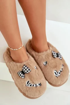 Best Boto Futrzane Kapcie Damskie Z Naszywkami I Kokardką Brązowe Linnorelia Brązowy