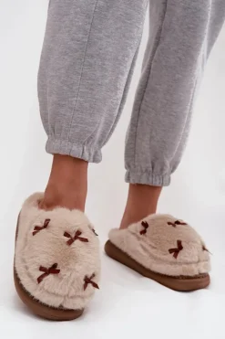 Boto Futrzane Kapcie Damskie Z Kokardkami Beżowe Saviera