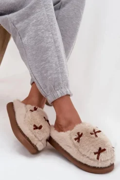 Boto Futrzane Kapcie Damskie Z Kokardkami Beżowe Saviera