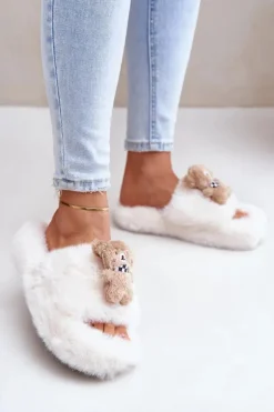 Damskie Boto Futrzane Kapcie Damskie Z Misiem Białe Romania