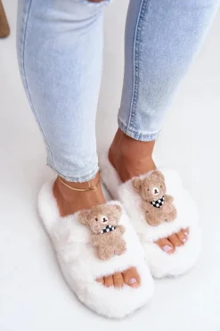 Damskie Boto Futrzane Kapcie Damskie Z Misiem Białe Romania