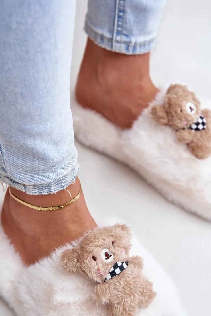 Damskie Boto Futrzane Kapcie Damskie Z Misiem Białe Romania