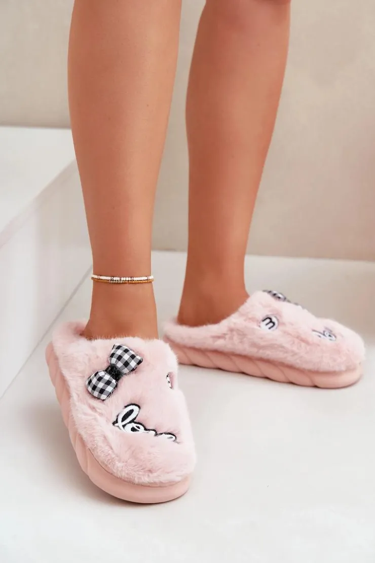 Damskie Boto Futrzane Kapcie Damskie Z Naszywkami I Kokardką Różowe Linnorelia