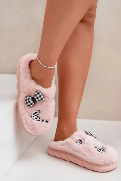 Damskie Boto Futrzane Kapcie Damskie Z Naszywkami I Kokardką Różowe Linnorelia