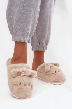 Damskie Boto Futrzane Kapcie Damskie Z Uszkami I Kokardką Beżowe Corayne