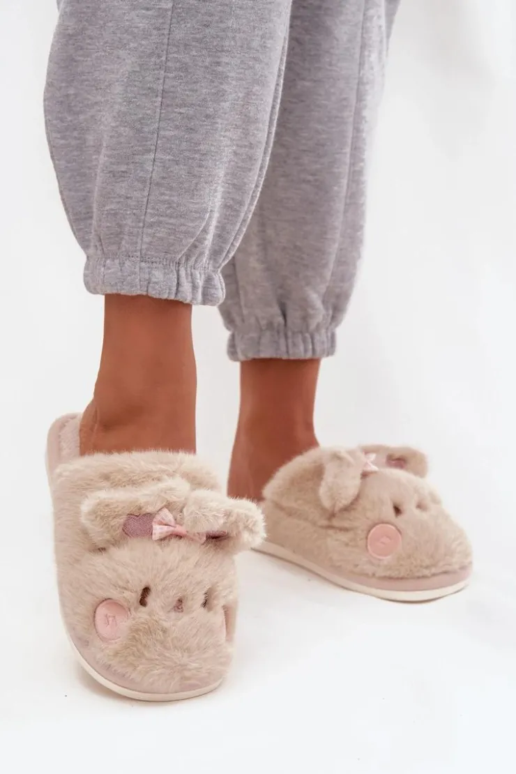 Damskie Boto Futrzane Kapcie Damskie Z Uszkami I Kokardką Beżowe Corayne