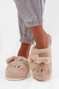 Damskie Boto Futrzane Kapcie Damskie Z Uszkami I Kokardką Beżowe Corayne