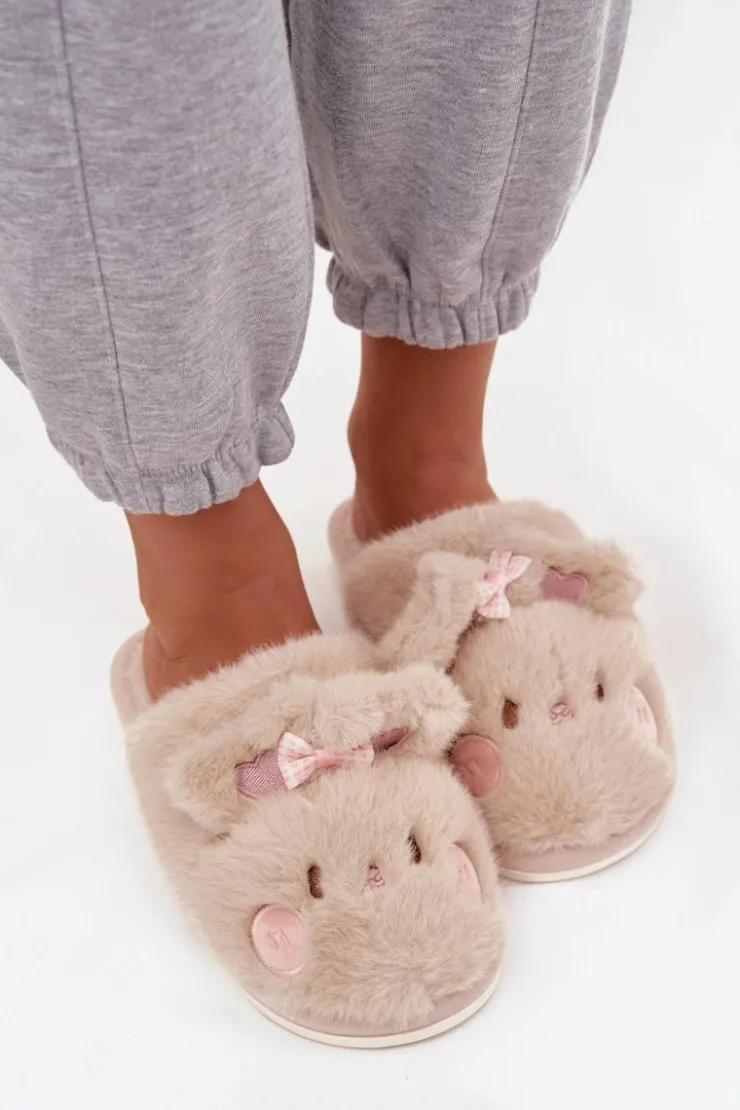 Damskie Boto Futrzane Kapcie Damskie Z Uszkami I Kokardką Beżowe Corayne