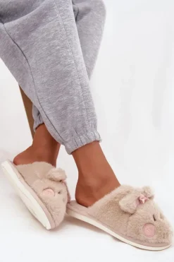 Damskie Boto Futrzane Kapcie Damskie Z Uszkami I Kokardką Beżowe Corayne