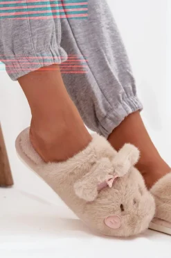 Damskie Boto Futrzane Kapcie Damskie Z Uszkami I Kokardką Beżowe Corayne