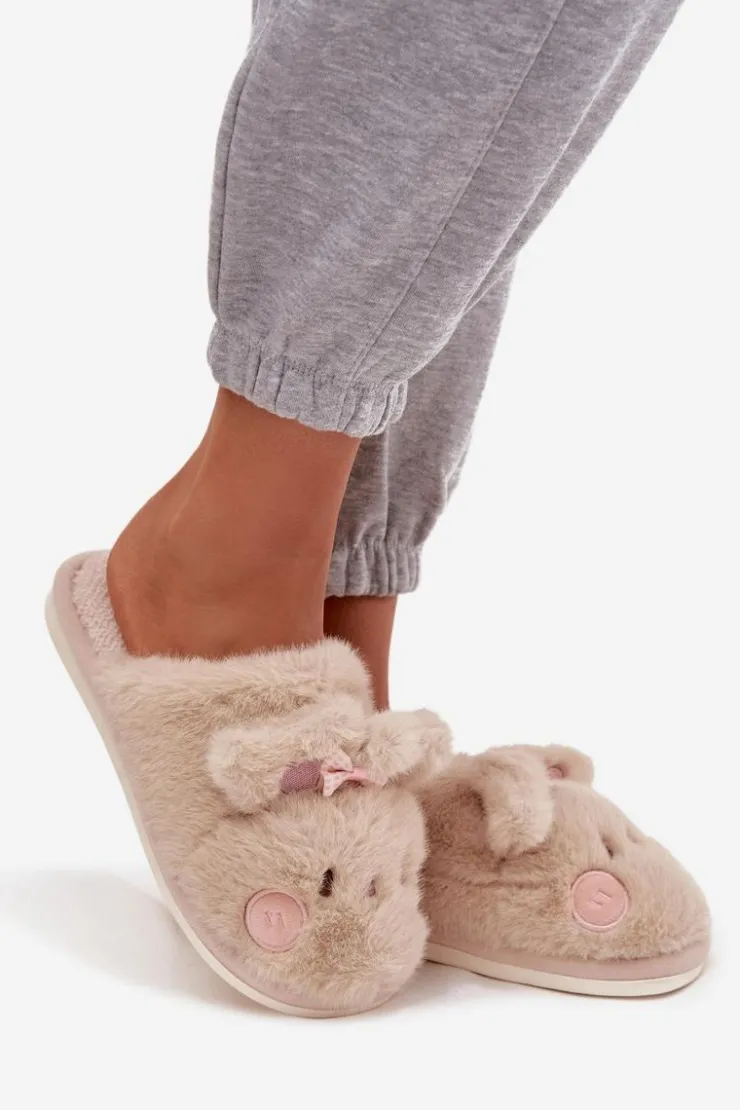 Damskie Boto Futrzane Kapcie Damskie Z Uszkami I Kokardką Beżowe Corayne