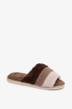 Boto Kapcie Klasyczne*Futrzane Kapcie Damskie Z Paskami Brązowe Tahlisse