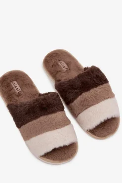 Boto Kapcie Klasyczne*Futrzane Kapcie Damskie Z Paskami Brązowe Tahlisse