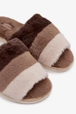 Boto Kapcie Klasyczne*Futrzane Kapcie Damskie Z Paskami Brązowe Tahlisse