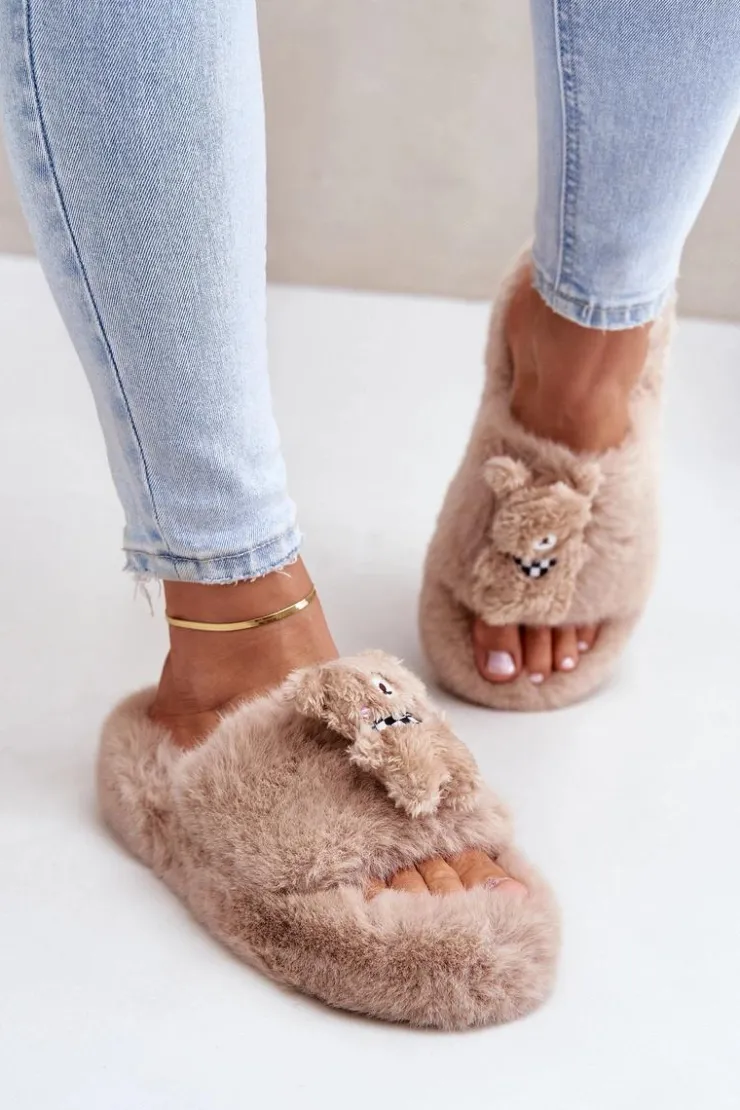 Best Boto Futrzane Kapcie Damskie Z Misiem Beżowe Romania