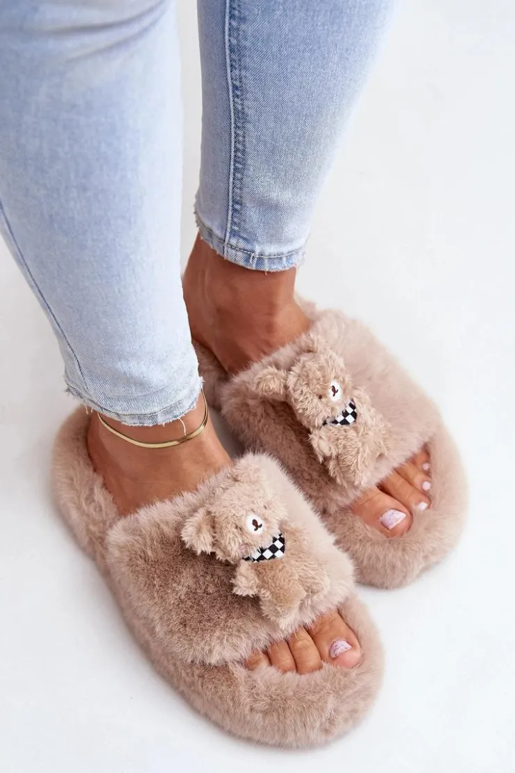 Best Boto Futrzane Kapcie Damskie Z Misiem Beżowe Romania