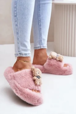 Damskie Boto Futrzane Kapcie Damskie Z Misiem Różowe Romania