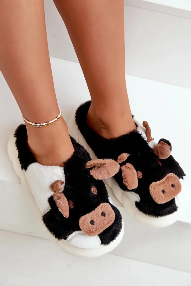 Boto Futrzane Kapcie Krowy Damskie Czarne Remiola Czarny