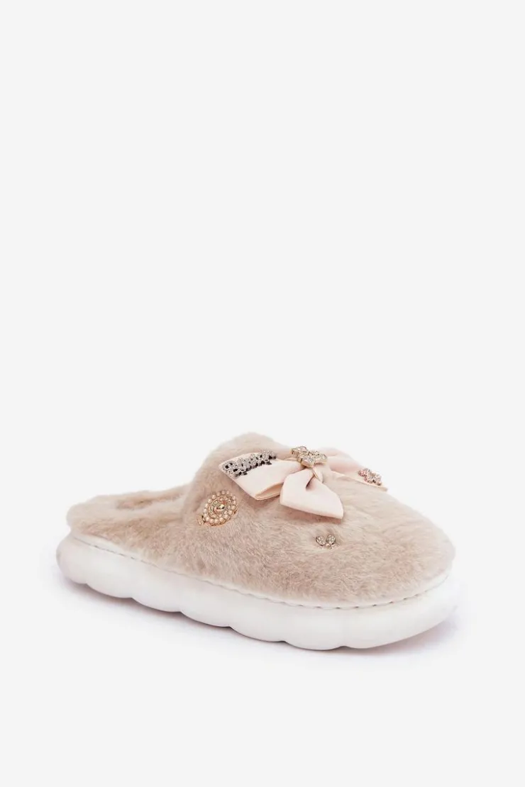 Damskie Boto Futrzane Kapcie Z Kokardką I Przypinkami Beżowe Annalira