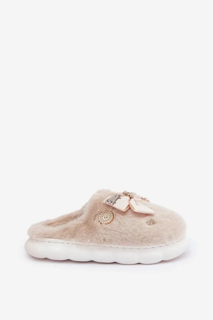 Damskie Boto Futrzane Kapcie Z Kokardką I Przypinkami Beżowe Annalira