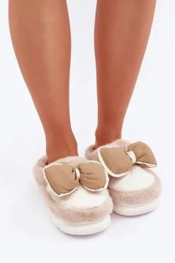 Damskie Boto Futrzane Kapcie Z Kokardką Beżowe Grilis