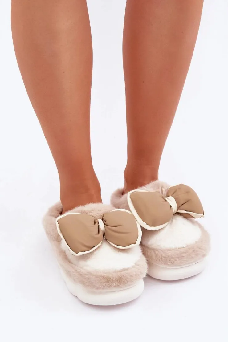 Damskie Boto Futrzane Kapcie Z Kokardką Beżowe Grilis