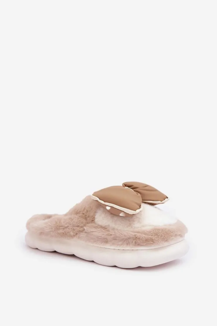 Damskie Boto Futrzane Kapcie Z Kokardką Beżowe Grilis