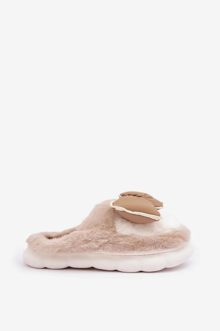 Damskie Boto Futrzane Kapcie Z Kokardką Beżowe Grilis