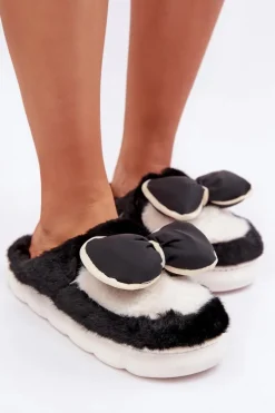 Best Boto Futrzane Kapcie Z Kokardką Czarne Grilis Czarny