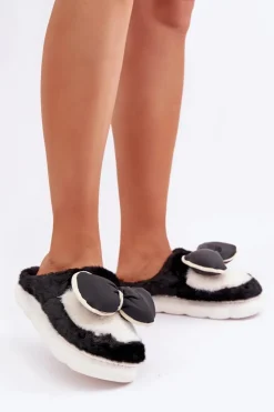 Best Boto Futrzane Kapcie Z Kokardką Czarne Grilis Czarny