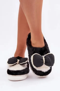 Best Boto Futrzane Kapcie Z Kokardką Czarne Grilis Czarny