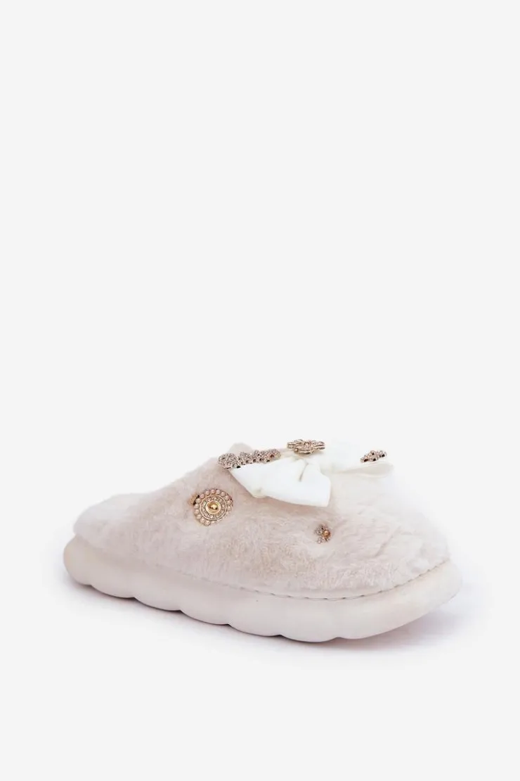 Boto Kapcie Klasyczne*Futrzane Kapcie Z Kokardką I Przypinkami Białe Annalira Biały