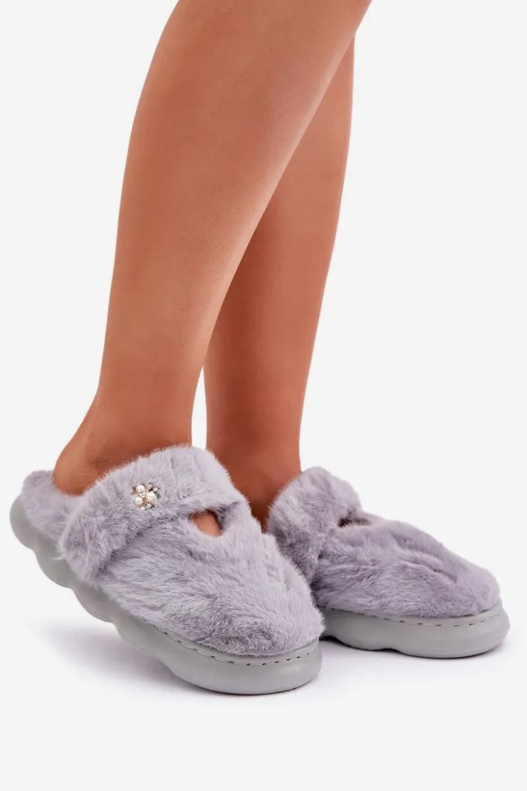 Best Boto Futrzane Kapcie Z Małą Broszką Szare Primaria Szary