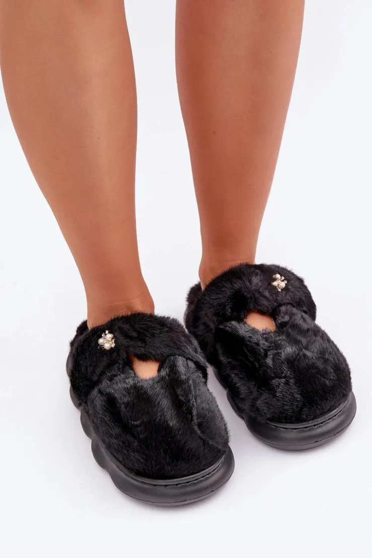 Damskie Boto Futrzane Kapcie Z Małą Broszką Czarne Primaria