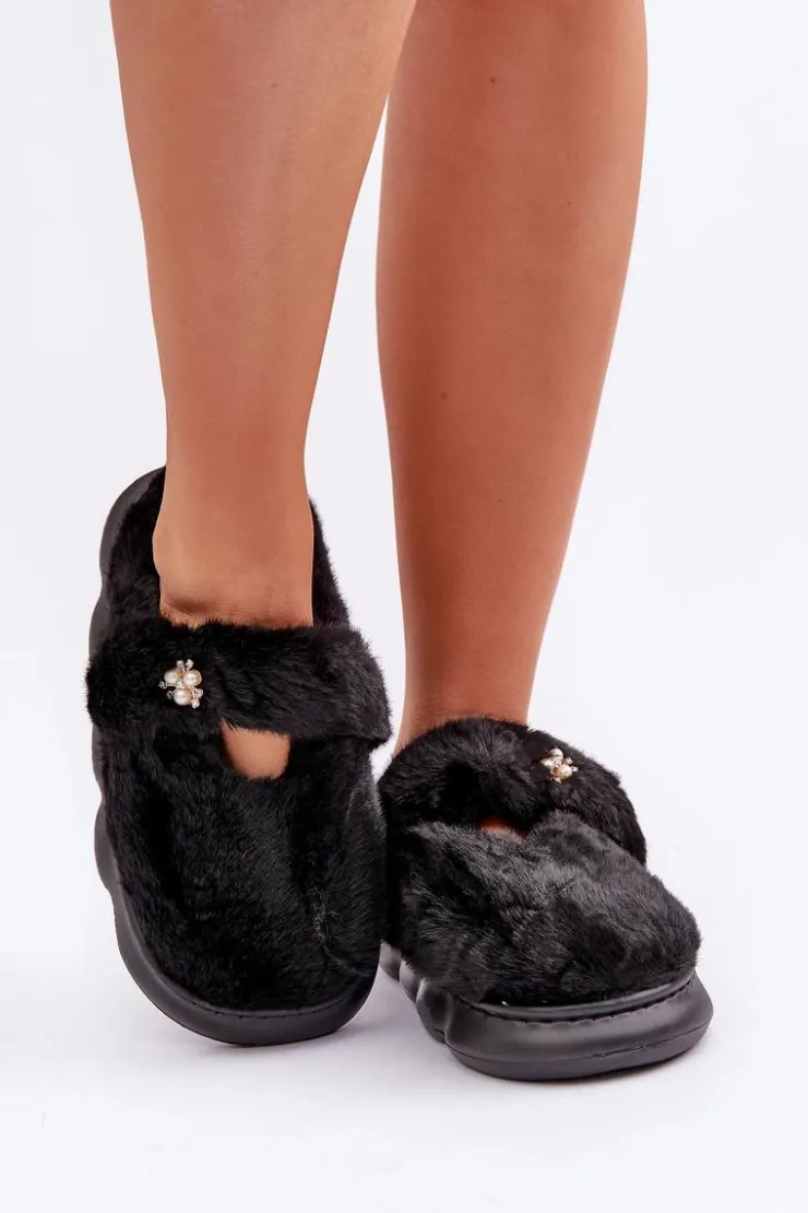 Damskie Boto Futrzane Kapcie Z Małą Broszką Czarne Primaria
