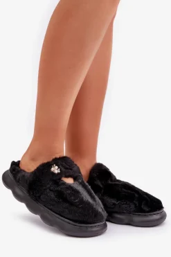 Damskie Boto Futrzane Kapcie Z Małą Broszką Czarne Primaria