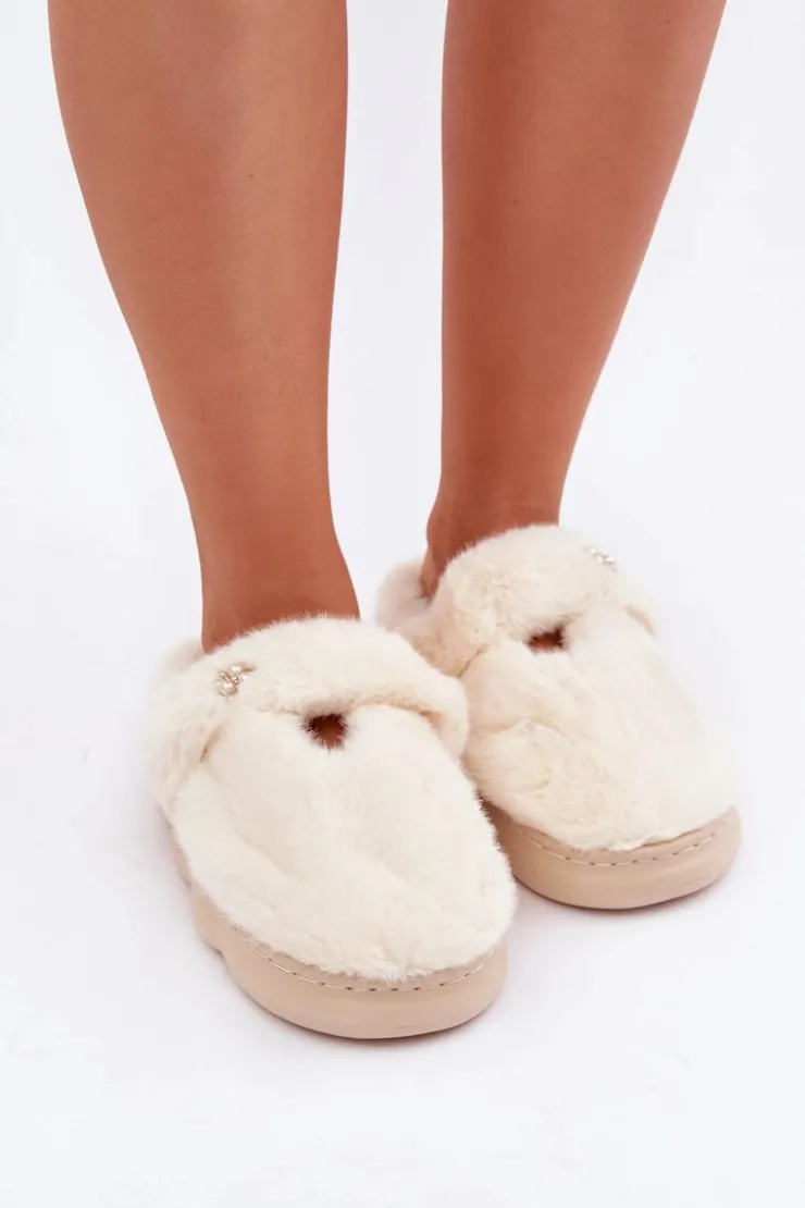 Damskie Boto Futrzane Kapcie Z Małą Broszką Jasnobeżowe Primaria