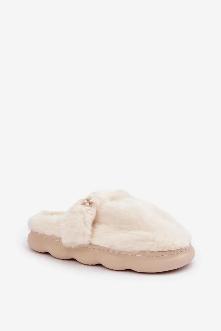 Damskie Boto Futrzane Kapcie Z Małą Broszką Jasnobeżowe Primaria