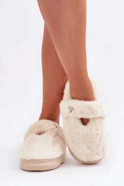 Damskie Boto Futrzane Kapcie Z Małą Broszką Jasnobeżowe Primaria