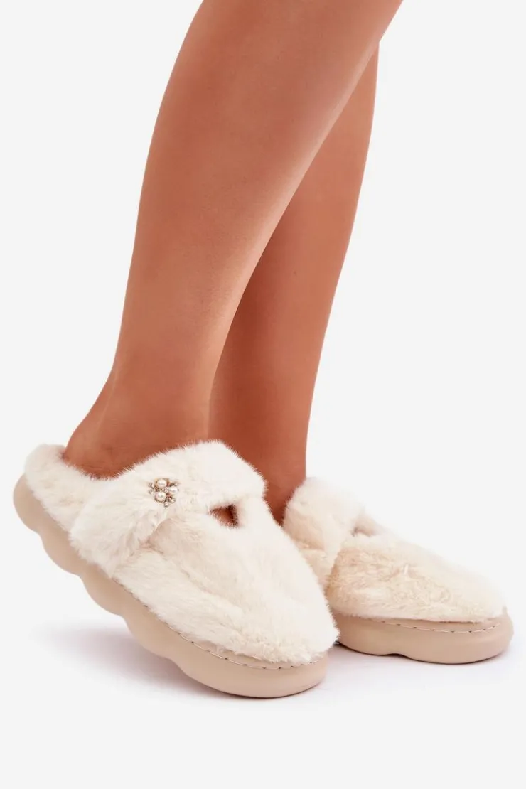 Damskie Boto Futrzane Kapcie Z Małą Broszką Jasnobeżowe Primaria