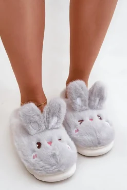 Boto Kapcie Klasyczne*Futrzane Kapcie Z Motywem Króliczka Jasnoszare Natasha Szary
