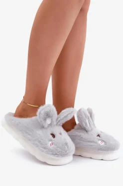 Boto Kapcie Klasyczne*Futrzane Kapcie Z Motywem Króliczka Jasnoszare Natasha Szary