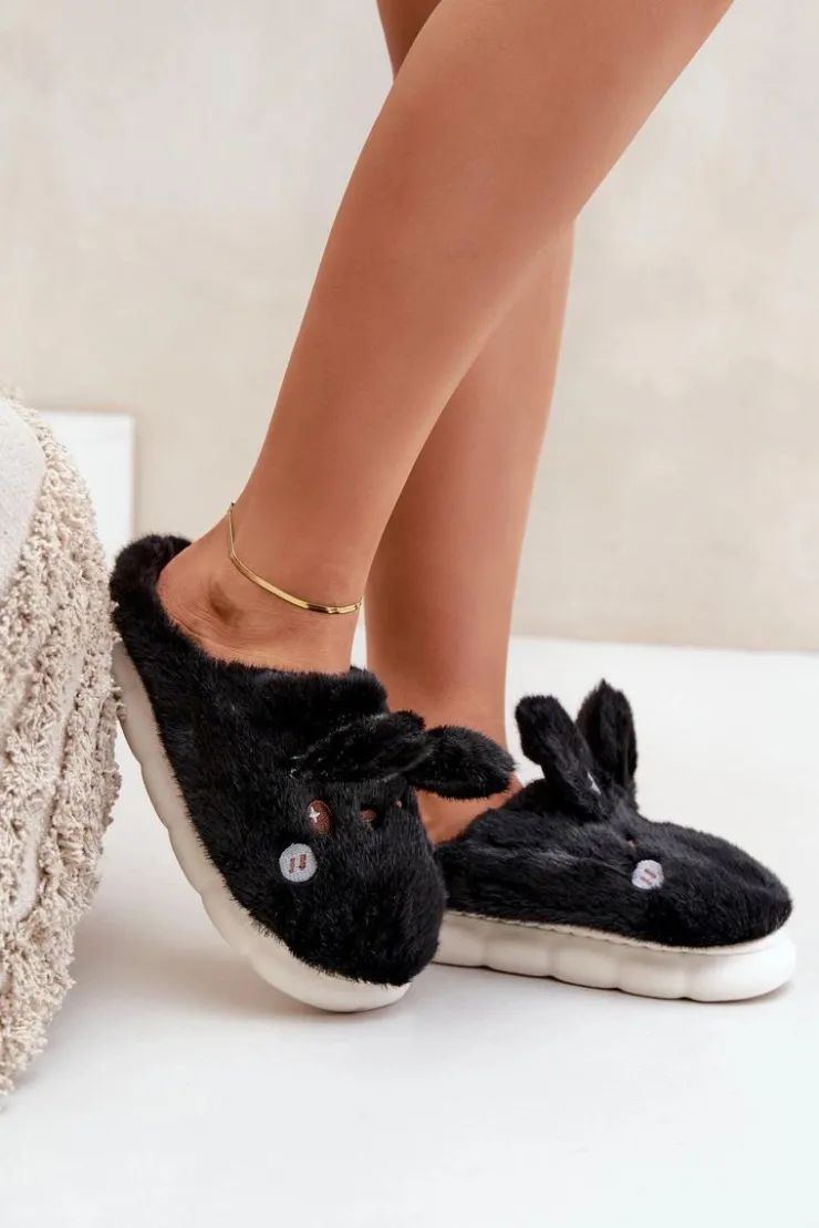 Damskie Boto Futrzane Kapcie Z Motywem Króliczka Czarne Natasha
