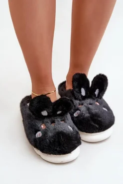 Damskie Boto Futrzane Kapcie Z Motywem Króliczka Czarne Natasha
